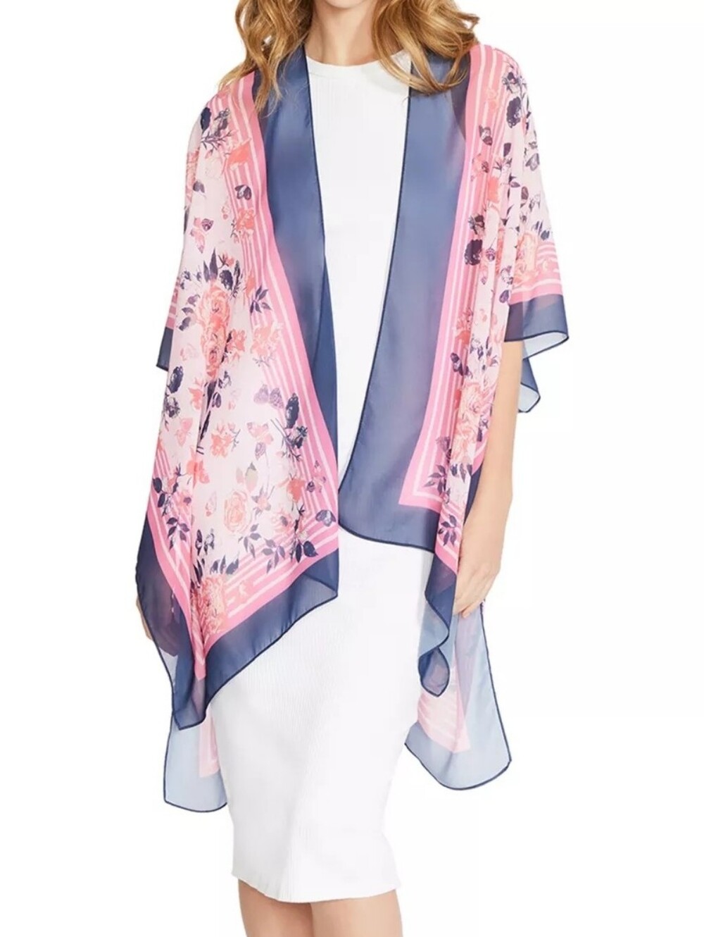 Anne Klein Women's Sheer Floral Duster Kimono Stripe Garden Topper Pink Blue OS
